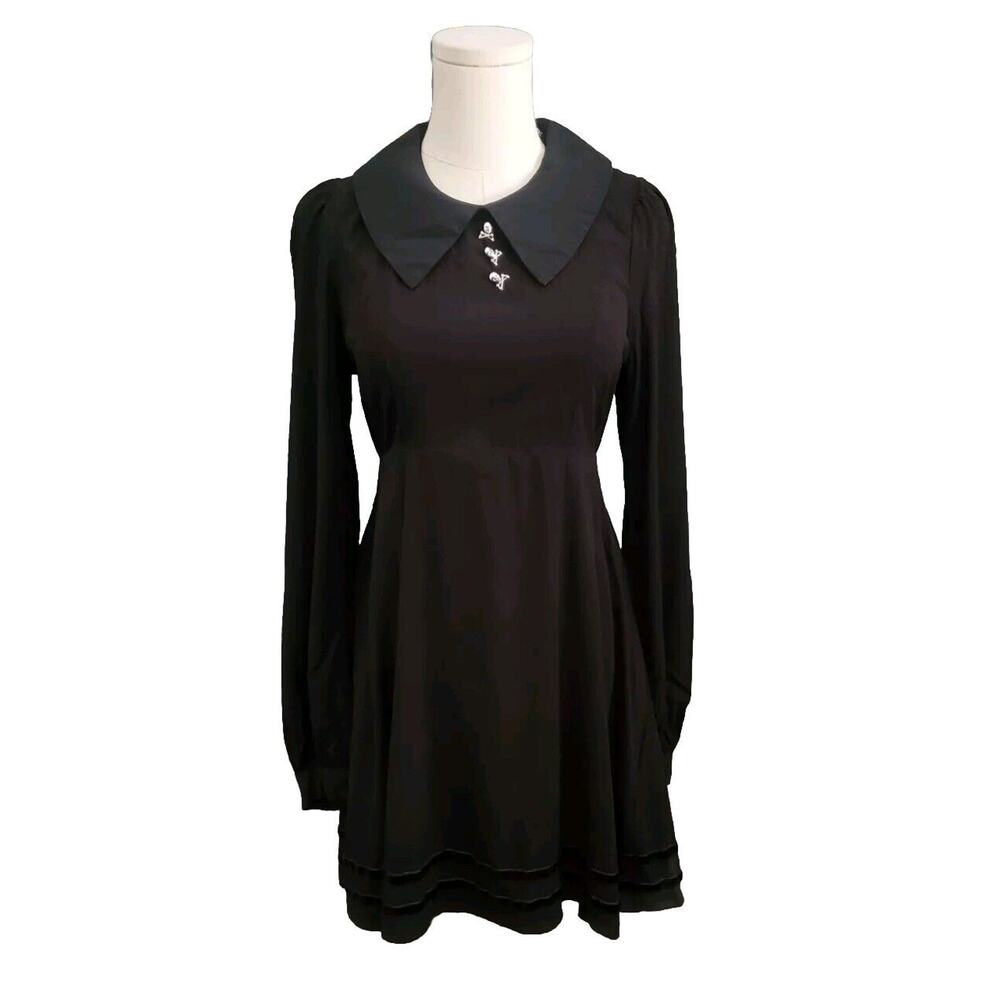 Hot Topic Small Dress Black Collared Long Sleeve Silver Skull Button Accents - Picture 2 of 6